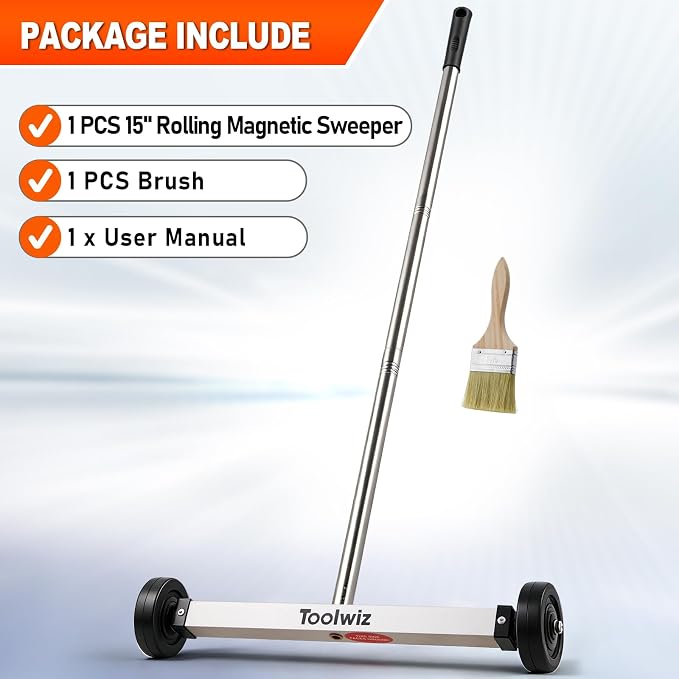 Toolwiz Magnetic Pick Up Sweeper 15-inch Heavy Duty Magnet Pickup Lawn Sweeper Roofing Tools, 10 Lbs Yard Tools Smooth Wheels to Clean Nails Adjustable Handle for Construction