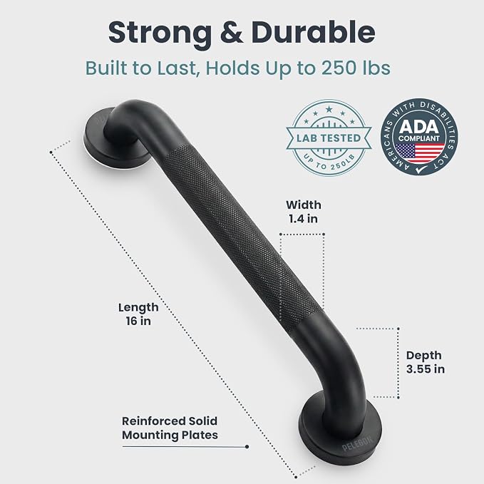 PELEGON Grab Bars for Shower 2-Pack 16 Inch - Stainless Steel Shower Grab Bars for Seniors - Bathroom Safety Handle Non-Slip Grip Rust Resistant Wall Mounted Support Bar for Bathtub Shower - Black