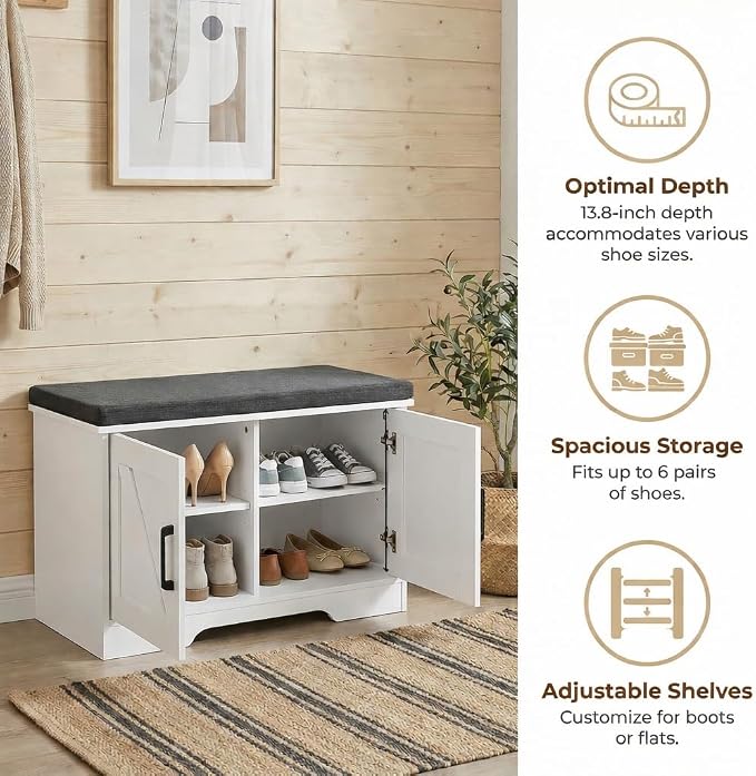 HOMSHO 2-Tier Storage Bench, 27.6" Wide Shoe Bench with Padded Seat Cushion, Entryway Bench with 2 Barn Doors and Adjustable Shelf, White