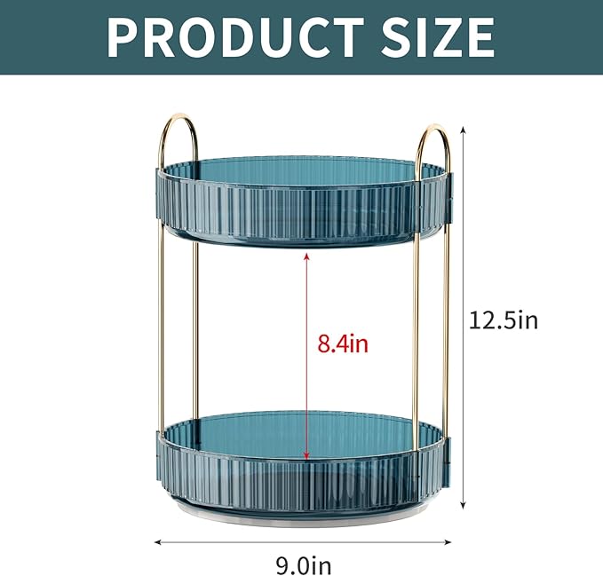 INVSSENE 360° Rotating Makeup Organizer, Bathroom Organizers and Storage Holder Rack, Large Capacity Vanity Shelf Countertop, Fits Cosmetics, Perfume, Skin Care(Blue, 2 Tiers)