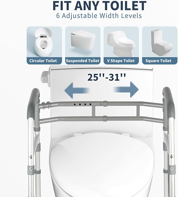 Toilet Safety Rails, Height-Adjustable, Foldable, Tool-Free Assembly, for Elderly, Seniors, Handicap & Disabled, 350 lbs Capacity