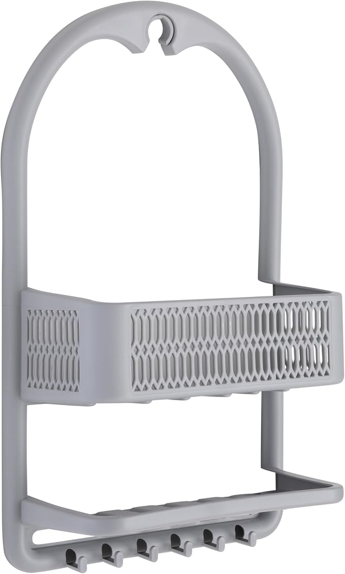 Bath Bliss Molded Shower Caddy | Bathroom Storage | Hangs Over Shower Head | 6 Accessory Hooks | Holds Razors | Washcloths | Accessories | Suction Cup Stability | Grey