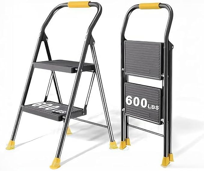 Foldable Step Ladder Folding Stool - 2 Stepping Extension Tall Heavy Duty with Handrails for Home Adults Kitchen - Extendable Stepladder Closet Stepstool Stair Ladders for Indoor House 600Lbs