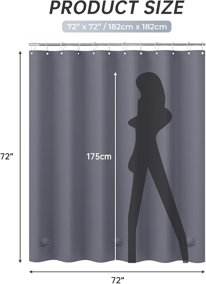 AmazerBath Dark Grey Shower Curtain Plastic, PEVA Shower Curtain Heavy Duty, Gray Shower Curtains for Bathroom, Waterproof Shower Curtain 72x72 with 3 Big Weighted Stones and 12 Rustproof Grommets