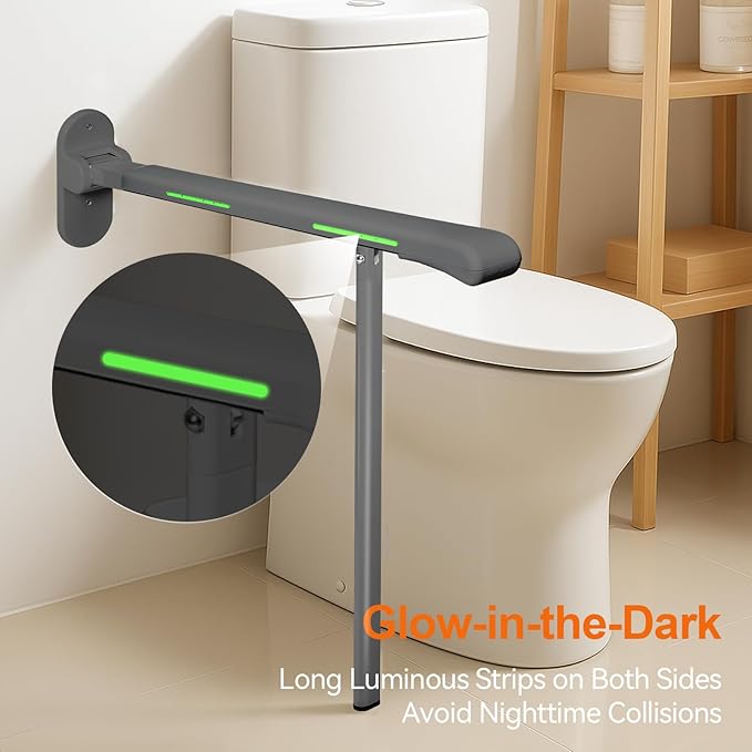 SPECILITE Heavy Duty Toilet Grab Bar - 440lb Sturdy Support, Safety Rails with Non-Slip Waterproof handrail & Night Glow Strips, Space Saving Flip-Up Design for Elderly, Disabled, Pregnant(Grey)