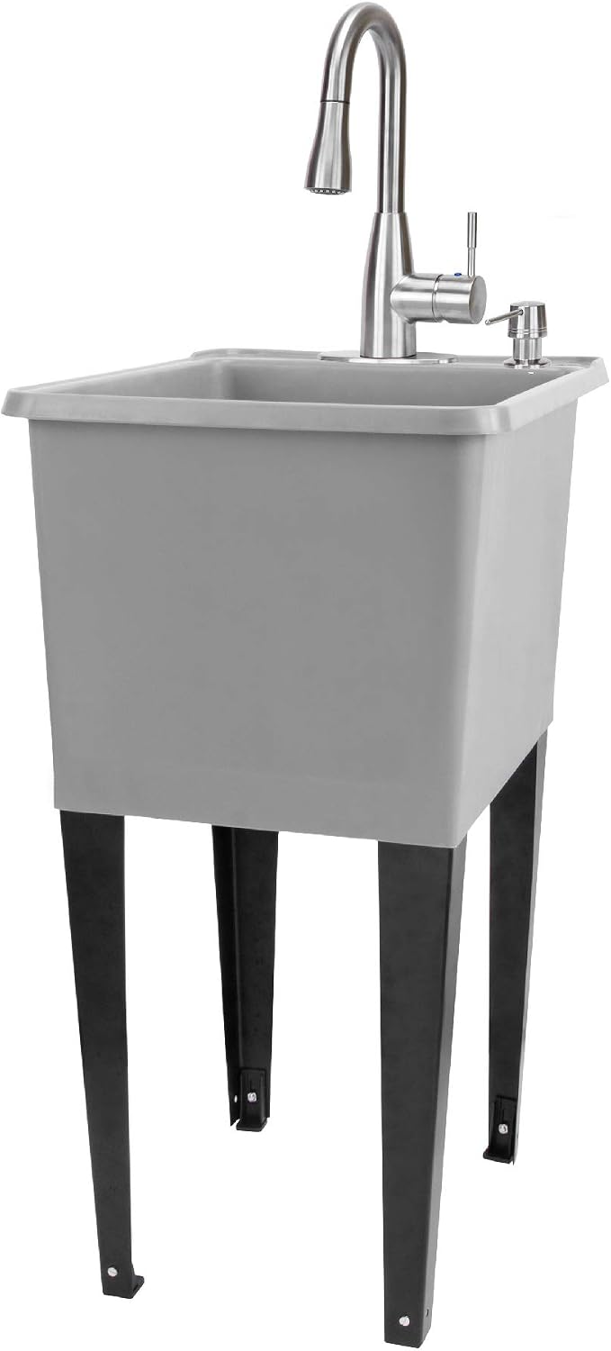 Grey Space Saver Utility Sink by JS Jackson Supplies, Freestanding Tehila Space Saving Laundry Tub, Stainless Pull-Down Faucet, Soap Dispenser