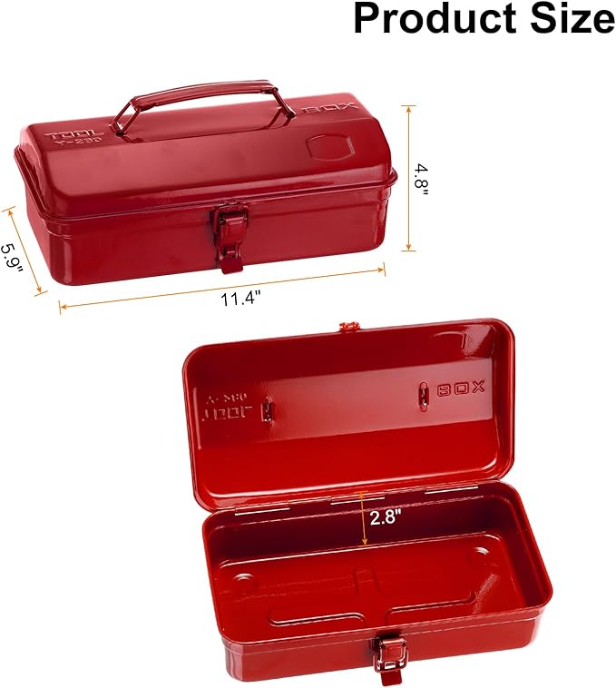 HARFINGTON Tool Box 11.4" Portable Steel Tool Box Hip Roof Style with Metal Latch Closure Tool Chest for Household Workshop Car, Red