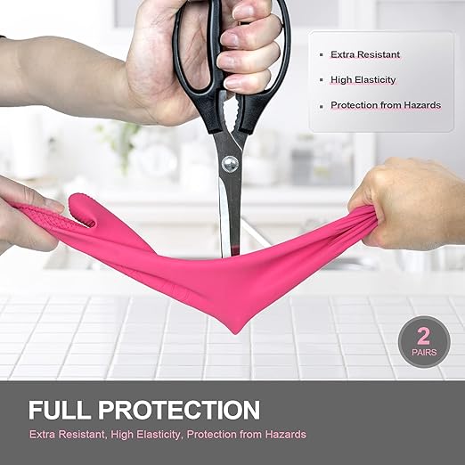 DABOGOSA Mamison 2 Pairs Reusable Waterproof Household Dishwashing Cleaning Rubber Gloves, Non-Slip Kitchen Glove (Pink, Medium (Pack of 2))