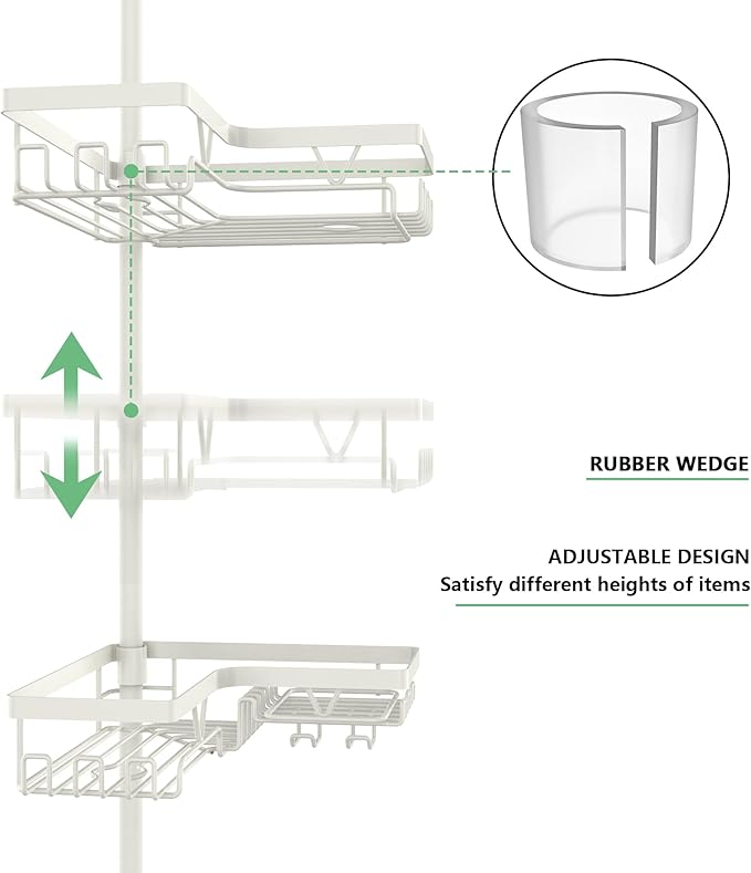 DAOYA Corner Shower Caddy Tension Pole, 4-Tier Adjustable Corner Shower Caddy with Soap Dish & Razor Holder, Stainless Steel Tension Pole Shelf Fits Bathtub & Floor 25-114.2 inches(Off-white)