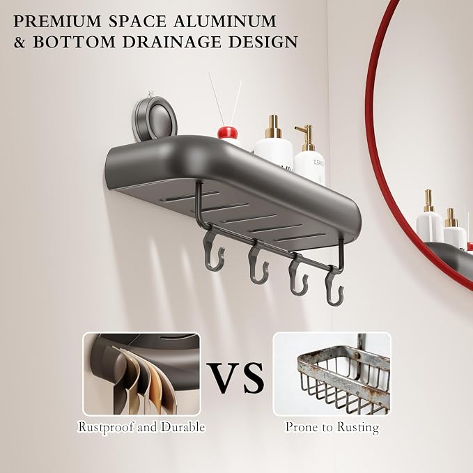 CICUFY Shower Caddy Suction Cup, 1 Pack No Drilling Corner Shower Shelves, Rust Proof Bathroom Storage Organizer, Shower Corner Caddy with Removable Hooks and Towel Bar, Square, Grey