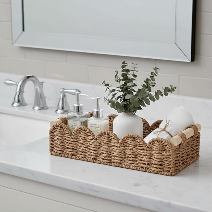 CubesLand Toilet Paper Storage Basket Organizer, Small Wicker Toilet Tank Top Decorative Baskets for Countertop, Handwoven Scalloped Basket w/handle for Home Decor, Living Room, Bedroom, Neutral