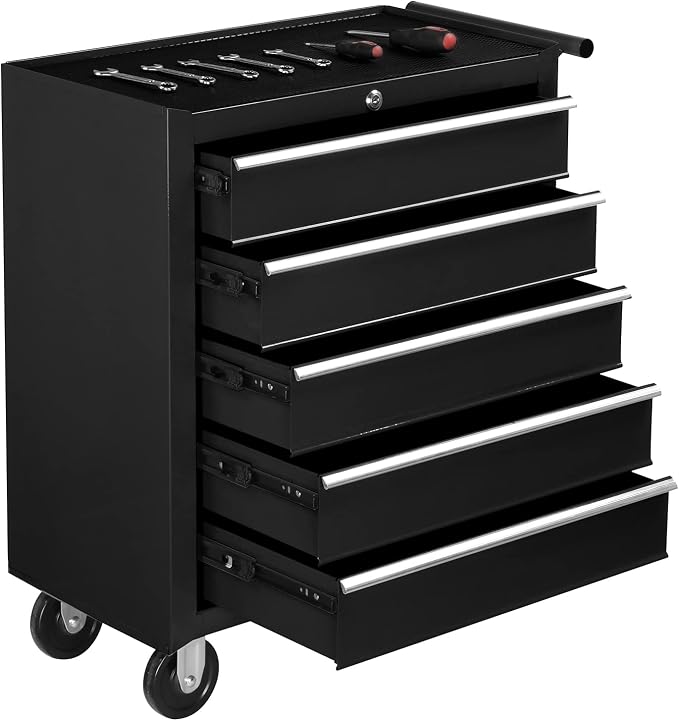 TUFFIOM 5-Drawer Rolling Tool Chest w/Drawers & Lock, Tool Storage Cabinet with Lockable Wheels, Top Cushion & Drawer Liners, Tool Organizer Box for Garage, Warehouse & Repair Sho