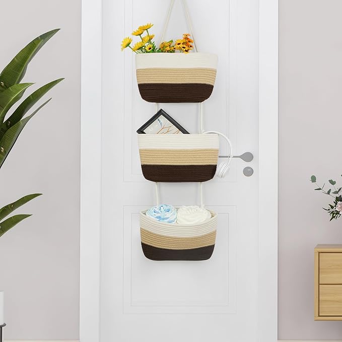 TeoKJ Over the Door Hanging Basket, 3-Tier Woven Cotton Wall-Mounted Storage Organizer Bag Decorative Hanging Nursery Baskets，Gradient Brown