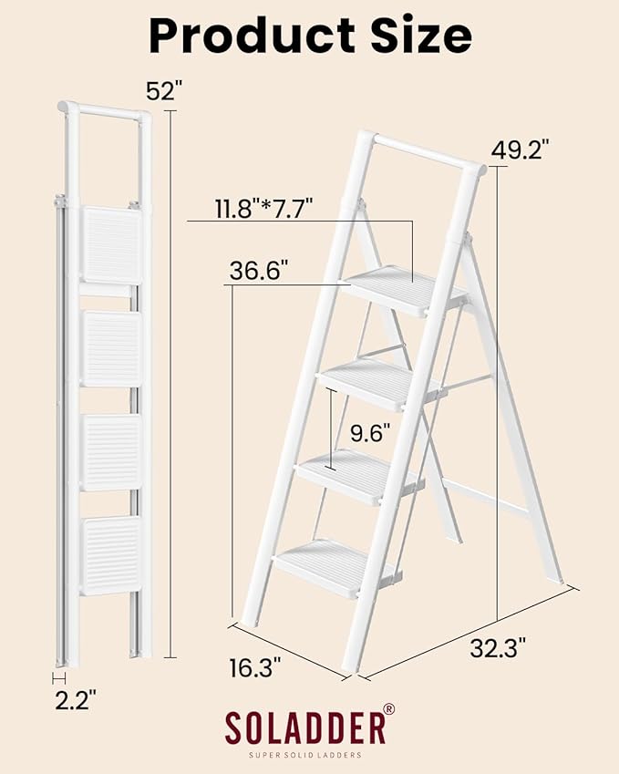 SOLADDER 4 Step Ladder with Handrails, Anti-Slip and Foldable Step Stool with Widen Pedals, Portable Stepladders for Home, Kitchen and Indoor, Space Saving -300lbs (White)