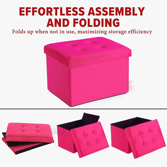 LINMAGCO Storage Ottoman Folding Foot Stool Velvet Foot Rest with Padded Modern Ottoman with Storage for Living Room Puppy Step Stool 17x13x13in(ROSEO)