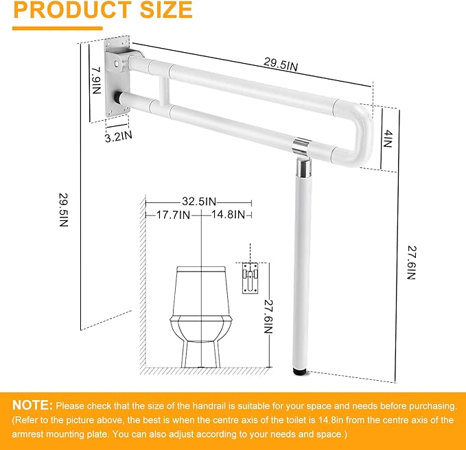 YUCHENGTECH Foldable Toilet Grab Bar 29.5 INCH Flip Up Grab Bar Handicap Grab Bars Folding Toilet Safety Rails for Bathroom with Leg Anti-Slip for Elderly Disabled Pregnant
