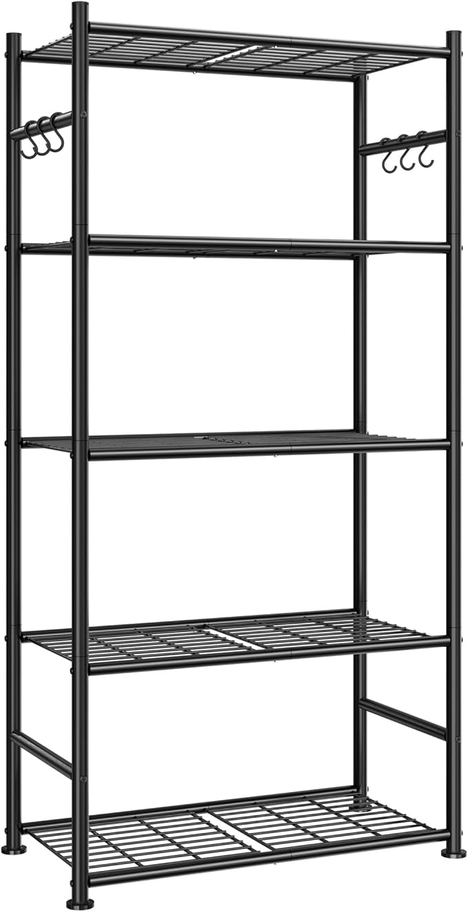 Sakugi Storage Shelves - 5-Tier Large Capacity Shelf Organizer with Hooks, Heavy-Duty Garage Shelving with Leveling Feet, Wobble-Free Rack for Bedroom, Balcony, Garage, 23.6"×13.7"×59", White