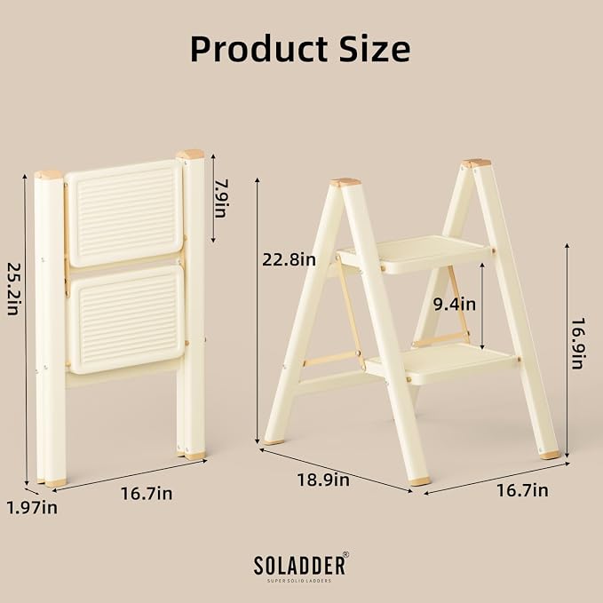 SOLADDER 2 Step Ladder, Anti-Slip and Lightweight Foldable Step Stool for Adults to Use in Kitchen, Closet and Library, 300lbs(Cream Chocalate)