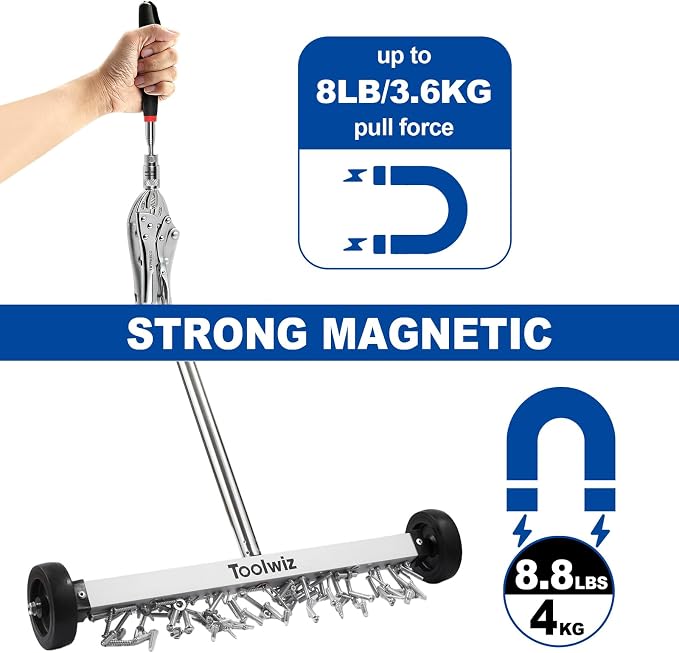 Toolwiz 17" Rolling Magnetic Sweeper 10lbs, with 8 lbs Telescopic Magnetic Pick Up tools with LED light–Lightweight Pick-up Sweeper with Wheels for Nails, Screws & Metal Debris Home Use Workshop