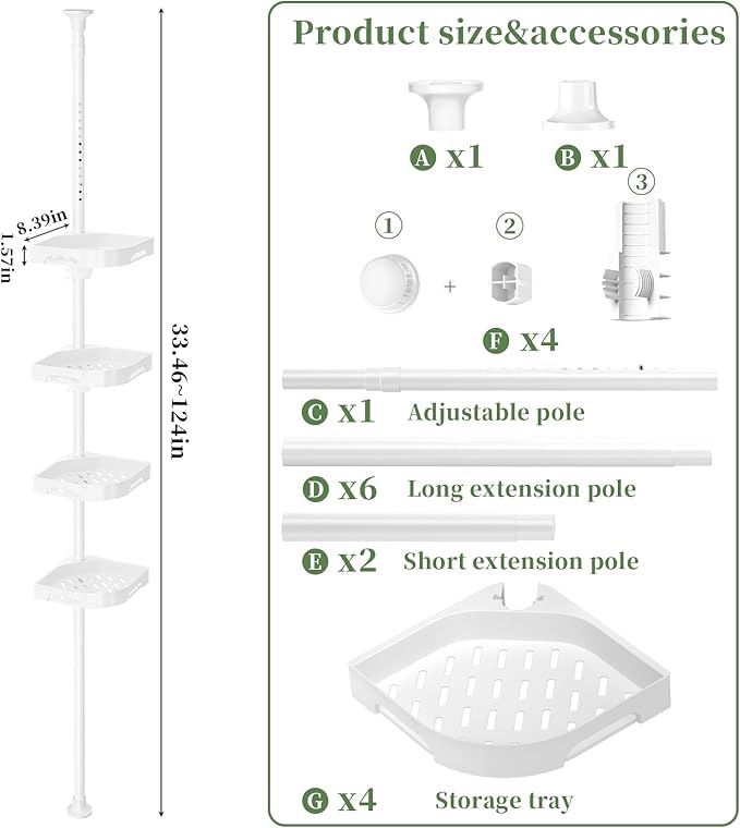 akinbas Tension Pole Shower Caddy Organizer with 4 Tier L-Shaped Rust Resistant Bathroom Corner Shelves with 34-124 Inch Adjustable No Drilling Quick Install Shower Rack for Bath Essentials (White)