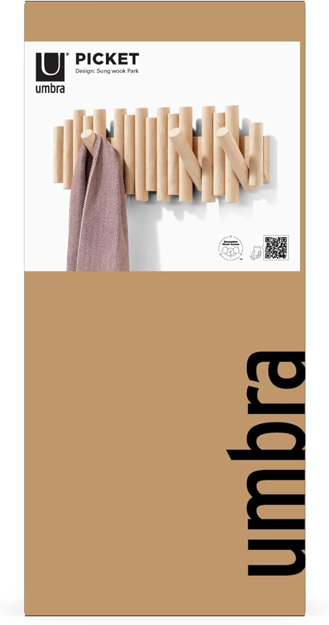 Umbra Picket Wall-Mounted Coat Rack Rail Hook with 5 Retractable Wood Pegs – Modern, Space-Saving Storage Organizer, Natural (Pack of 3)