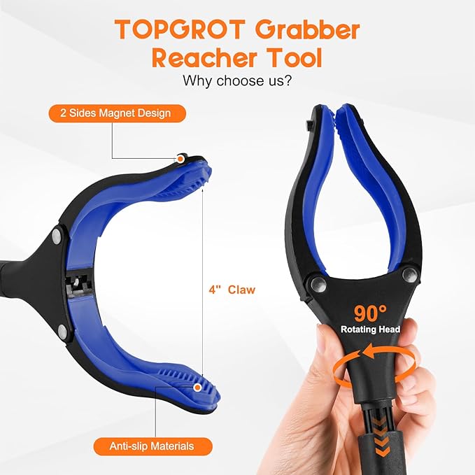 43" Grabber Reacher Tool for Seniors 2 Pack, Foldable Reacher Grabbers Pickup Stick with Anti-Slip 90° Rotating Jaw, 4" Wide Extended Claw with Magnet for Disabled, After Surgery Recovery