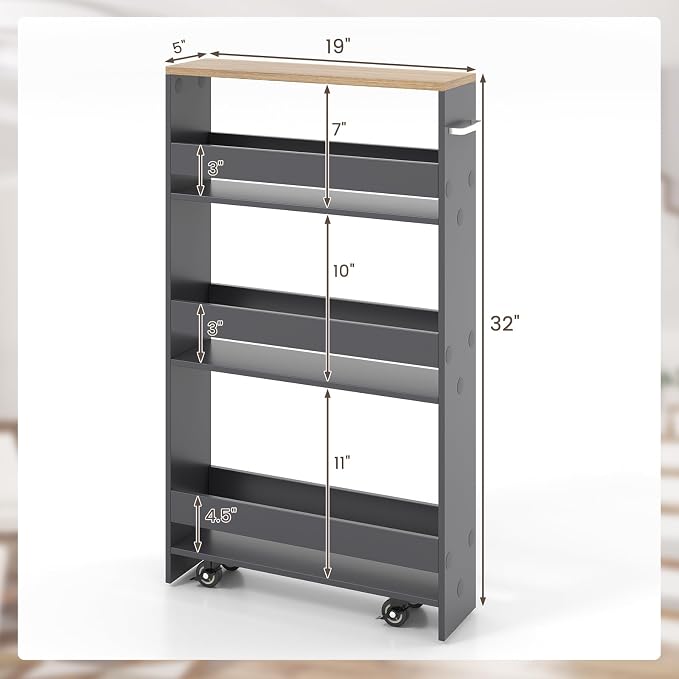 Giantex 4 Tier Rolling Slim Storage Cart, 5" Narrow Slide Out Kitchen Cart w/Handle & Open Shelves, Space-Saving Compact Mobile Utility Trolley for Small Space Laundry Room (Grey & Natural)