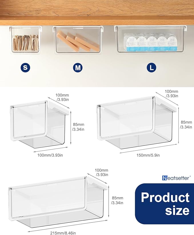 Hanging Cabinet Organizer – 33° Tilted Under Desk Drawer & Bathroom Storage – Self-Adhesive Clear Pull-Out Bins for Kitchen, Office & Vanity (Large)
