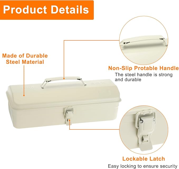 HARFINGTON Tool Box 14.2" Portable Steel Tool Box Hip Roof Style with Metal Latch Closure Tool Chest for Household Workshop Car, White