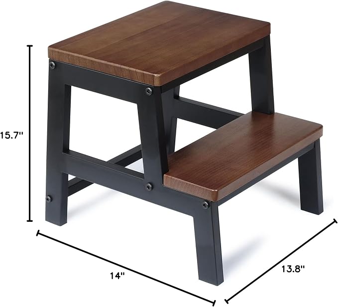 2 Step Wooden Step Stools for Adults Non-Slip, Sturdy Bed Steps for High Beds Easy Assembly, Portable Two Step Stool Holds Up to 500 Lb(Dark Walnut)