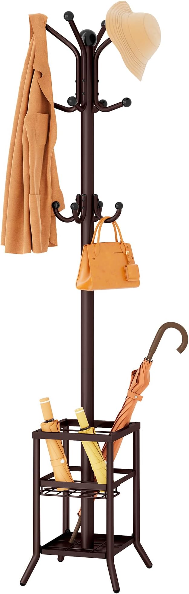 FAVOOSTY Coat Rack Freestanding,Coat Rack Stand with Umbrella Holder,Metal Coat Tree with 12 Hooks,Tree Clothes Hat for Entryway, Hallway, Bedroom, Living Room & Office -Brown