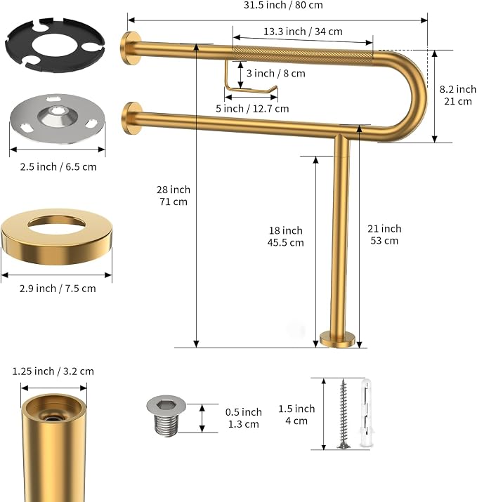 Toilet Grab Bar with Leg 31.5x28 Inch, ZUEXT Brushed Gold Knurled Toilet Support Bar with Toilet Paper Holder,Stainless Steel Wall & Floor Mounted Bathroom Support Rail for Seniors Disabled Pregnant