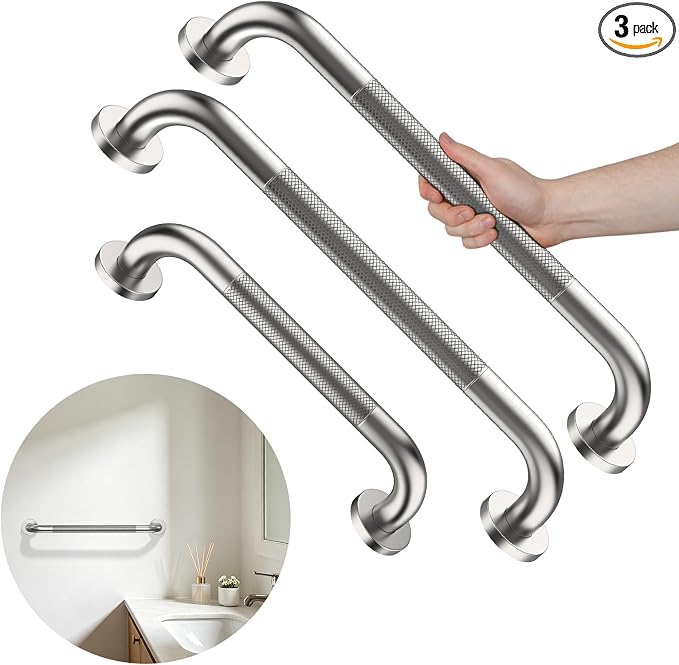 3 Pack Commercial Handicap Grab Bars Bundle,Munzong 12" 16" 16" Brushed Nickel Bathroom Grab Bar for Shower, Stainless Steel Anti Slip Bathroom Balance Bar,Safety Hand Rail for Elderly Injury Senior