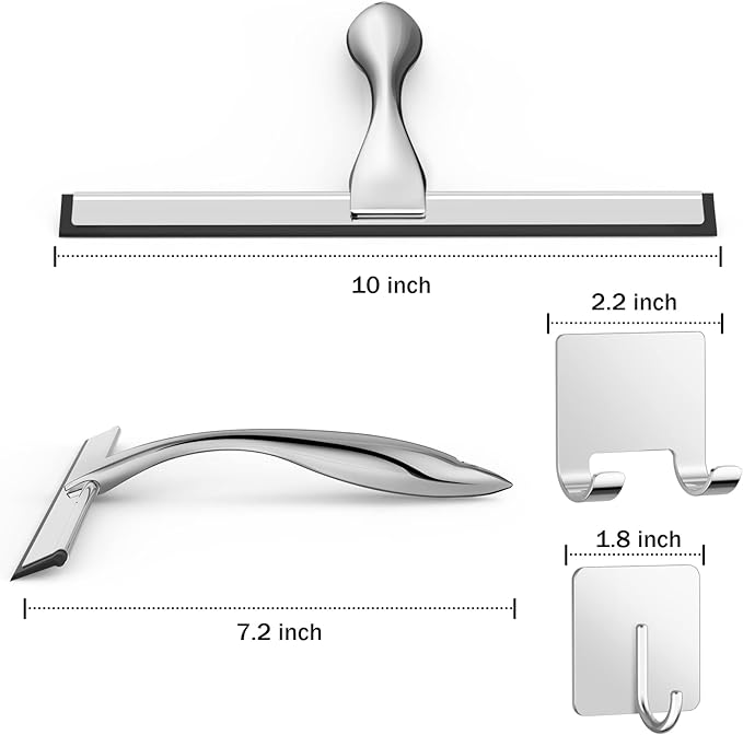 All-Purpose Stainless Steel Shower Squeegee for Shower Glass Door with 2 Adhesive Hooks, Bathroom Cleaner Tool Household Window Mirror Squeegee , Cleaning Tile Wall, Car, 10 Inch Silver