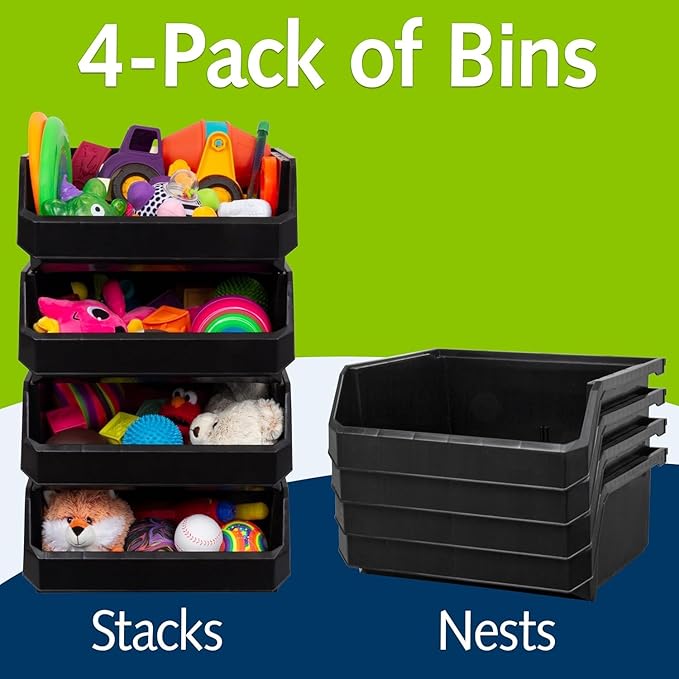 ReadySpace Extra Large Plastic Storage Bins, Stackable Organizer Containers for Closet Pantry Shelf Garage and Office Organization, Black, 4 Pack