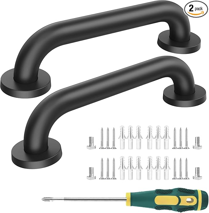 12 Inch Shower Grab Bars, 2 Pack - Anti-Slip Stainless Steel Bathroom Safety Handles for Elderly & Handicap, 304 Steel, Black, Knurled Grip（Black 12in-2-Sets）