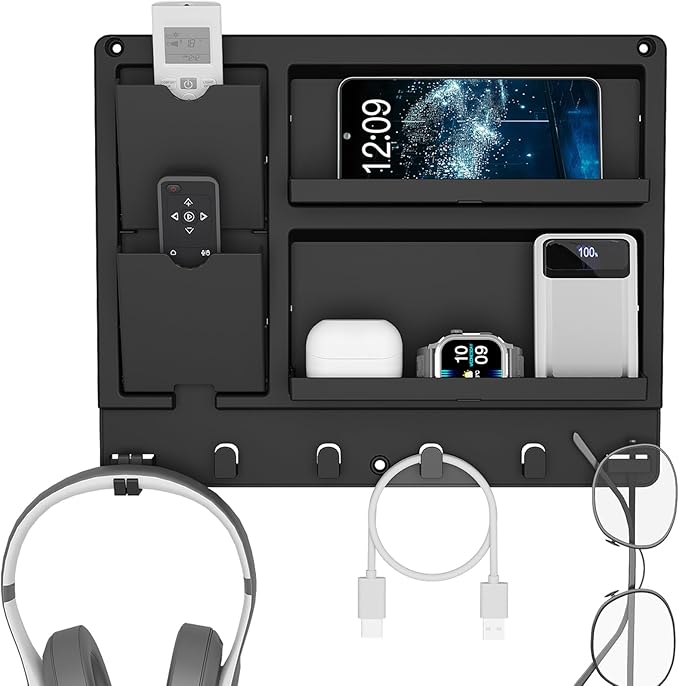 Lifewit Plastic Bedside Floating Shelf, Adhesive Wall Shelves Organizer for Glasses, Phone, Earbuds, Charging Cords, TV Remote Storage, Bedroom Decor, Dorm Room Essentials, Black