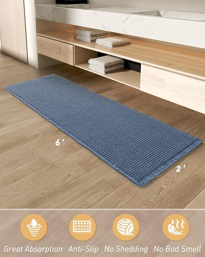 AMOAMI Upgraded Waffle Runner Rug Super Absorbent Non Slip Bath Mats for Bathroom Floor Washable Bathroom Runner Rug with Tassels, Ideal for Hallway Bedroom Laundry Room, Blue, 2' x 6'(24" x 72")