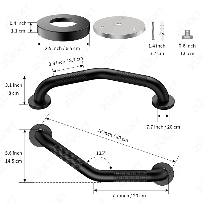 16 Inch Angled Grab Bar, ZUEXT Anti Slip Black Shower Grab Bar Handles, Stainless Steel Knurled Bathroom Balance Bar, Safety Hand Rail Support,Handicap Elderly Injury Senior Assist Bath Handle