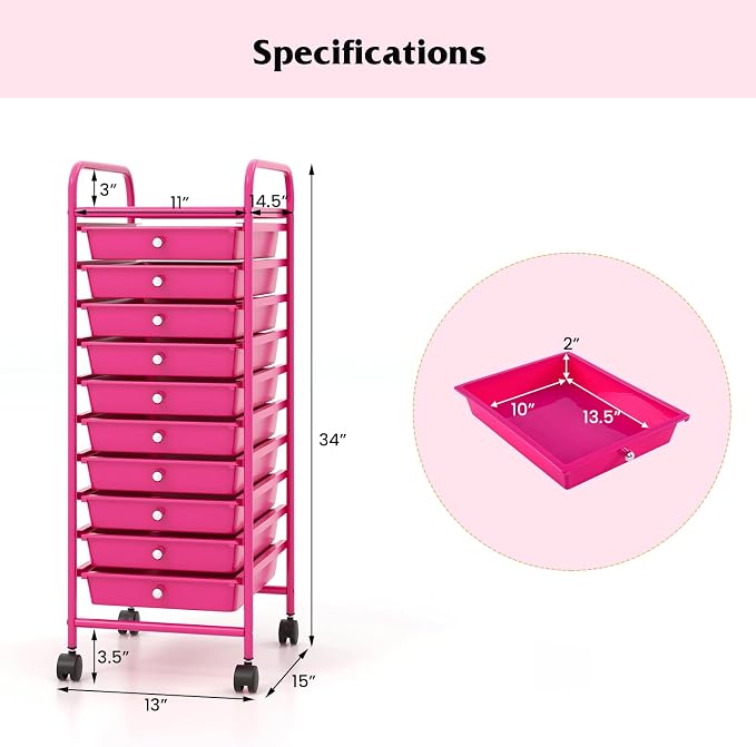 10-Drawer Rolling Storage Cart, Trolley w/Lockable 360° Wheels, 10 Removable PP Drawers, Sturdy Metal Frame, Rolling Utility Cart Perfect for Home, Office, Classroom (Hot Pink)