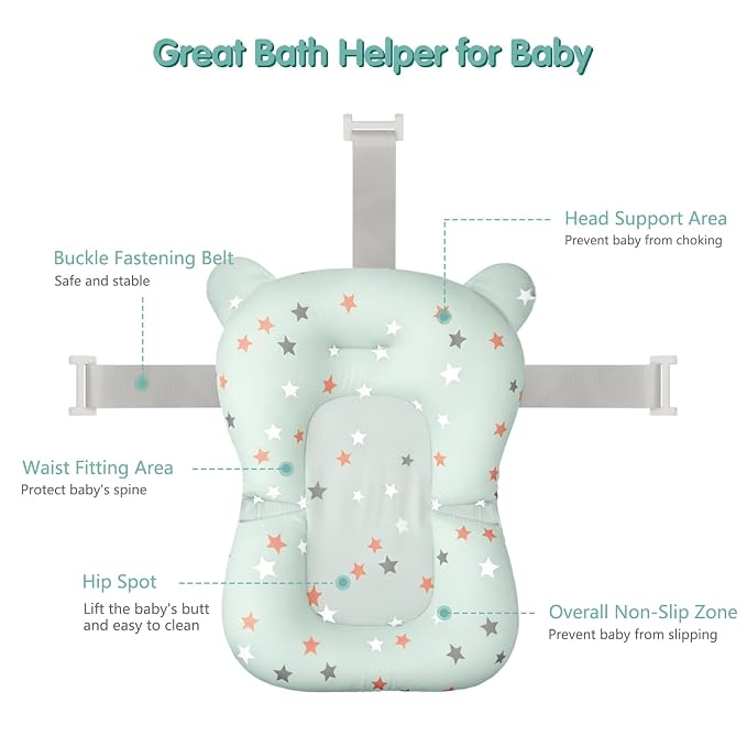 Colorlife Baby Bath Seat Support Net Infant Bathing Seat Support Mat, Adjustable Comfortable Non-Slip Three-Pointed Baby Shower Net Bathtub Sit Up Mesh for Newborn 0-12 Months-Green Star(No Bathtub)
