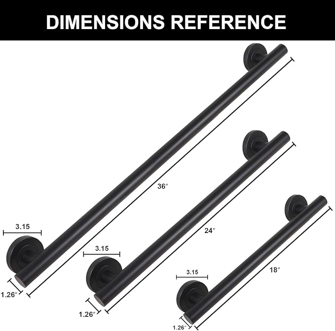 Lava Odoro Shower Grab Bar, Modern Set Stainless Steel Handicap Grab Bar for Bathtubs and Showers, Shower Safety Bar for Seniors Disabled, ADA-Compliant (Matte Black, 3 Pack 18", 24'', 36")