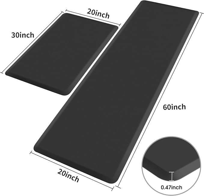 HappyTrends 2 PCS Kitchen Mat Cushioned Anti-Fatigue Floor Mat, Heavy Duty Ergonomic Comfort Foam Standing Mat, Waterproof Non-Slip Kitchen Rugs for Home, Office(20"x30"+20"x60",Black)