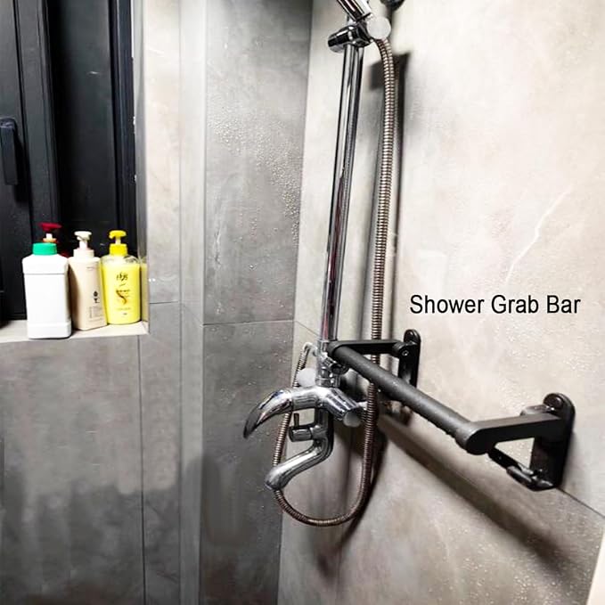 Shower Grab Bar, Folding Grab Bar with Hooks for Tub and Shower, Heavy Duty Shower Handle for Senior Bathroom Grab Bar, Gray30cm