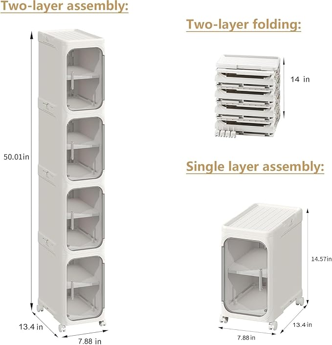 4-Tier Tall Narrow Storage Cabinet, Slim Bathroom Storage Cabinet with Adjustable Shelves and Wheels, Narrow Organizer for Small Space, Bathroom, Kitchen, Laundry, White