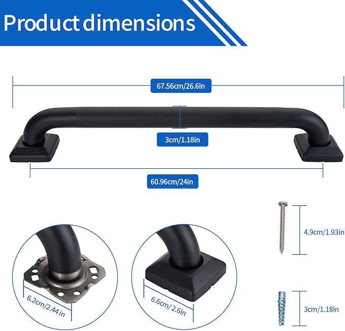 Bathroom SafetyGrab Bars for Elderly Seniors,Anti-Slip Shower Handles Toilet Grab Bars,High Weight Capacity,Wall Mounted Grab Bars for Bathtub Shower,Black Grab Bars (Black Knurled, 24-inch Grab Bar)