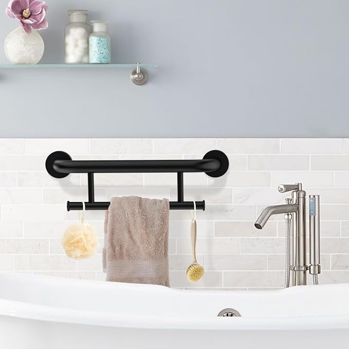 Oil Rubbed Black Grab Bar 17 Inch w/Towel Holder, iHansee Stainless Steel Shower Towel Bar Bathroom Balanced Support Handle, Wall Mount Safety Handrail Grab Rail for Elderly Senior Handicap Disabled