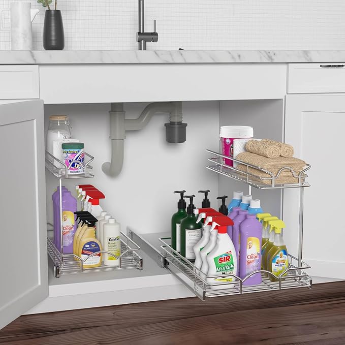 OCG Under Sink Cabinet Organizer Two Tier Pull Out Shelf (11.75W x21D), Under Sink Sliding Shelf for Kitchen Bathroom Cabinet 2 Tier Chrome