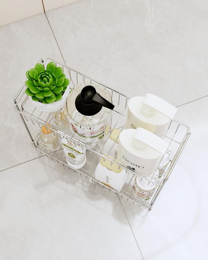 YQh 2-Tier Bathroom Storage Organizer Rack, Stainless Steel Shower Caddy, Counter and Vanity Shelf