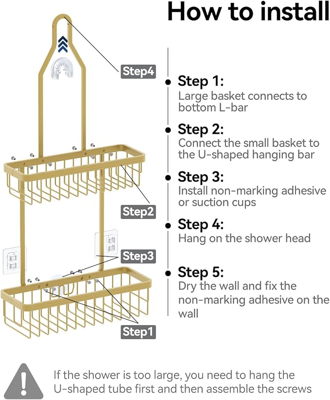 YASONIC Never Rust Shower Caddy Hanging, Aluminum Shower Racks for Inside Shower, 2-Tier Shower Organizer Hanging Over Shower Head with Hooks and Soap Holder, Gold